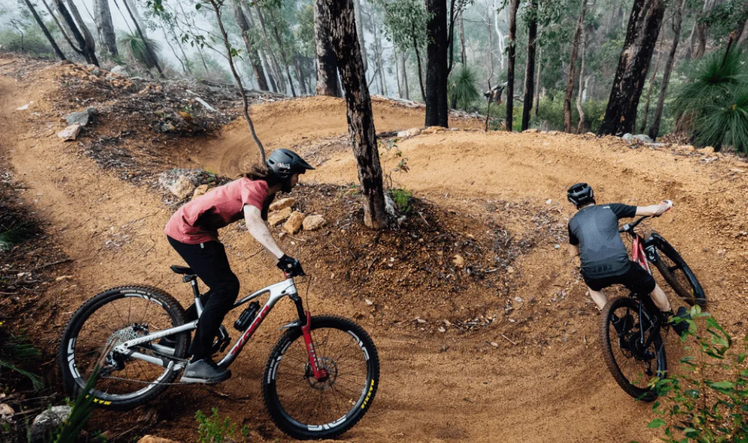 Two men riding mountain bikes on forest trails. Margaret River experience for Swell Stays guests
