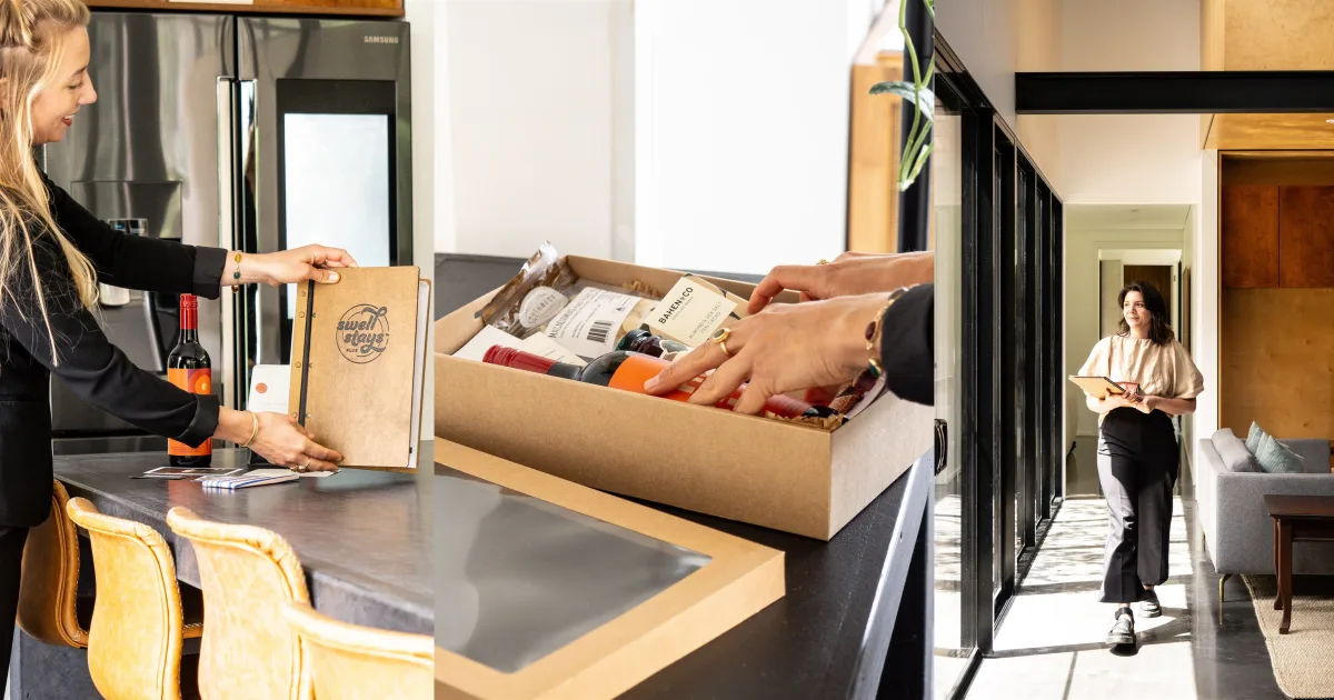 Banner of photos of our concierge placing the compendium book, doing a hamper and a supervisor walking through a house.