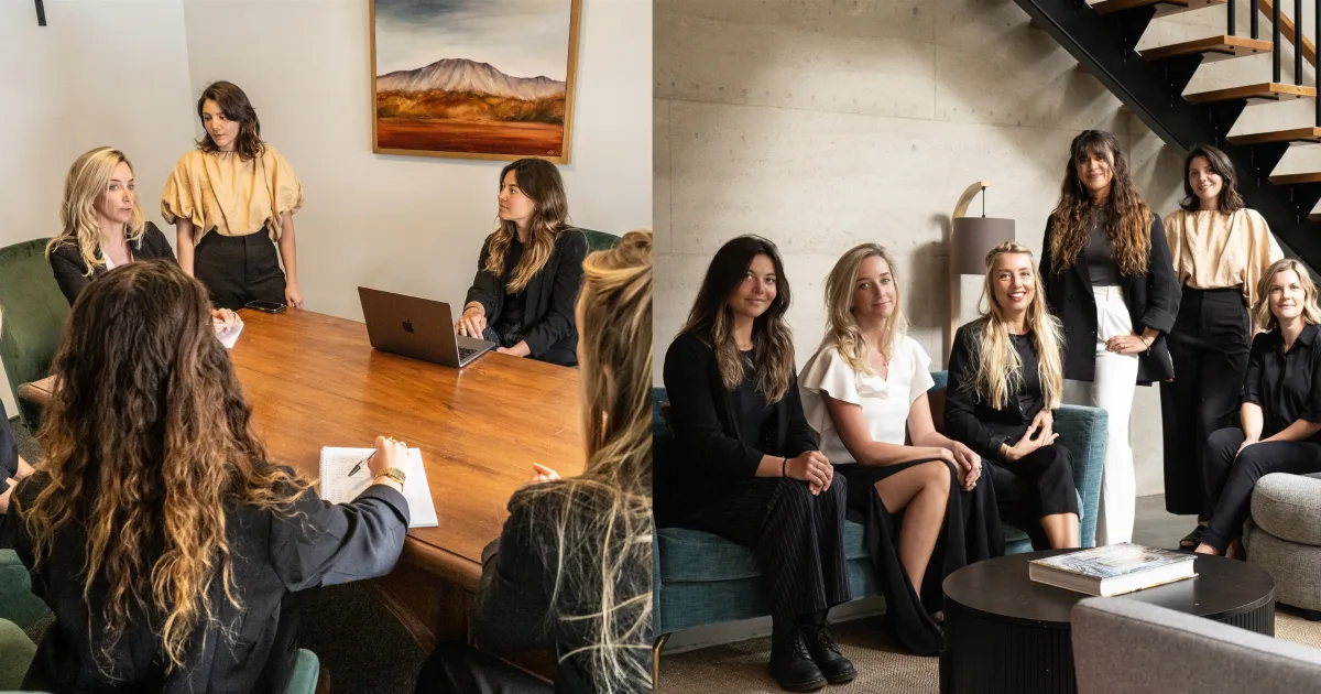 Banner with photos of the Swell Stays team in a meeting room and in a living room.