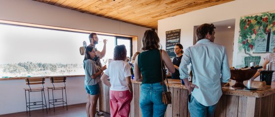 Group having a wine tasting at a cellar door. Swell Stays holiday accommodation image in Margaret River